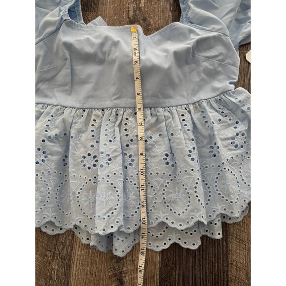 Alter'd State Cowgirl Core Light Blue Eyelet Puff Sleeve Top - Picture 4 of 5